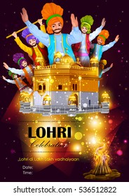 easy to edit vector illustration on festival of Punjab India background with punjabi message Lohri ki lakh lakh vadhaiyan meaning Happy wishes for Lohri 