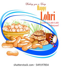 easy to edit vector illustration on festival of Punjab India background with punjabi message Lohri ki lakh lakh vadhaiyan meaning Happy wishes for Lohri 