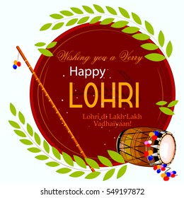 easy to edit vector illustration on festival of Punjab India background with punjabi message Lohri ki lakh lakh vadhaiyan meaning Happy wishes for Lohri 