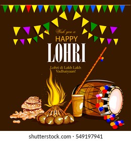 easy to edit vector illustration on festival of Punjab India background with punjabi message Lohri ki lakh lakh vadhaiyan meaning Happy wishes for Lohri 