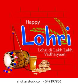 easy to edit vector illustration on festival of Punjab India background with punjabi message Lohri ki lakh lakh vadhaiyan meaning Happy wishes for Lohri 