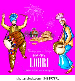easy to edit vector illustration on festival of Punjab India background with punjabi message Lohri ki lakh lakh vadhaiyan meaning Happy wishes for Lohri 
