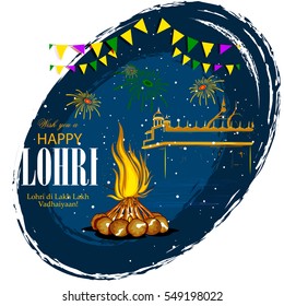 easy to edit vector illustration on festival of Punjab India background with punjabi message Lohri ki lakh lakh vadhaiyan meaning Happy wishes for Lohri 