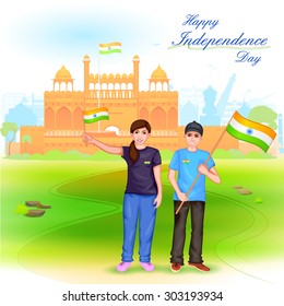 easy to edit vector illustration of people with Indian flag celebrating freedom of India