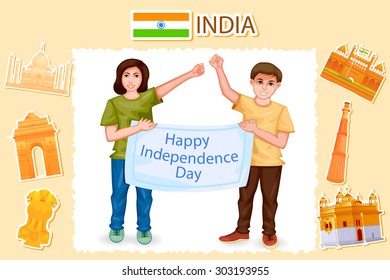 easy to edit vector illustration of people with Indian flag celebrating freedom of India