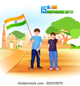 easy to edit vector illustration of people with Indian flag celebrating freedom of India