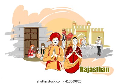 easy to edit vector illustration of people and culture of Rajasthan, India