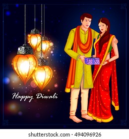 easy to edit vector illustration of people with gift for Happy Diwali holiday background