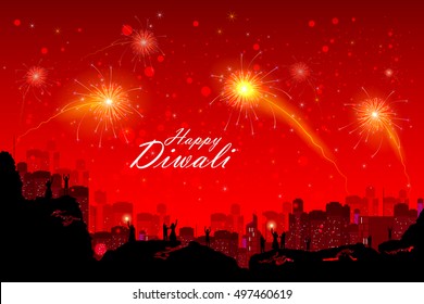 easy to edit vector illustration of people watching fireworkin Happy Diwali night sky for India festival