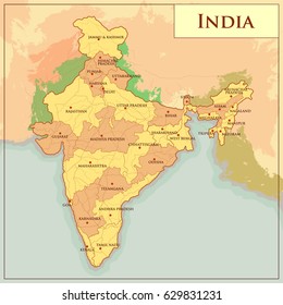 easy to edit vector illustration of Physical Map of India with different state