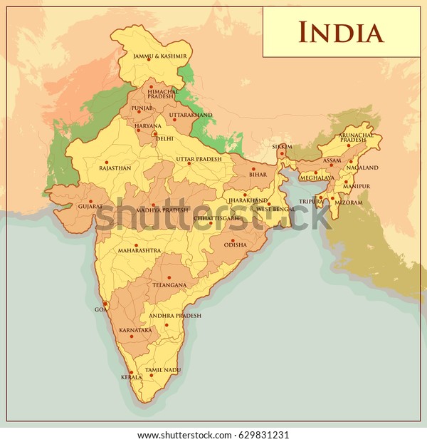 異なる状態のインドの物理地図のベクターイラストを簡単に編集できる のベクター画像素材 ロイヤリティフリー