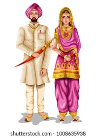 easy to edit vector illustration of Punjabi wedding couple in traditional costume of Punjab, India