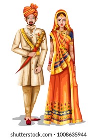 easy to edit vector illustration of Rajasthani wedding couple in traditional costume of Rajasthan, India