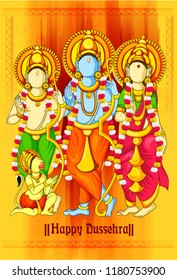 easy to edit vector illustration of Ram, Sita, laxman  in Happy Dussehra background showing festival of India