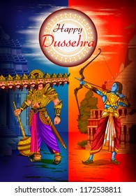easy to edit vector illustration of Rama killing Ravana in Happy Dussehra background showing festival of India