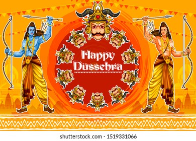 easy to edit vector illustration of Rama killing Ravana with Hindi massage meaning Happy Dussehra background showing festival of India