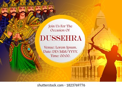 easy to edit vector illustration of Rama killing Ravana with Hindi massage meaning Happy Dussehra background showing festival of India