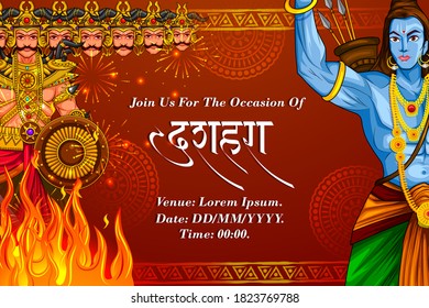 easy to edit vector illustration of Rama killing Ravana with Hindi massage meaning Happy Dussehra background showing festival of India