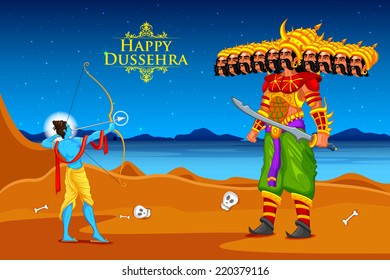 easy to edit vector illustration of Rama killing Ravana in Dussehra