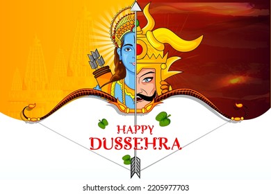 easy to edit vector illustration of Rama killing Ravana on Happy Dussehra background showing festival of India