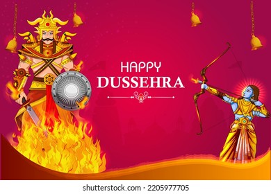 easy to edit vector illustration of Rama killing Ravana on Happy Dussehra background showing festival of India