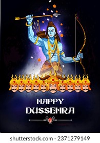 easy to edit vector illustration of Rama killing Ravana on Happy Dussehra background showing festival of India