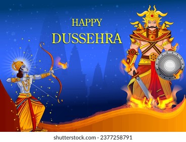 easy to edit vector illustration of Rama killing Ravana on Happy Dussehra background showing festival of India