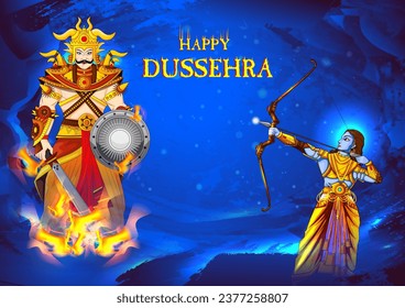 easy to edit vector illustration of Rama killing Ravana on Happy Dussehra background showing festival of India