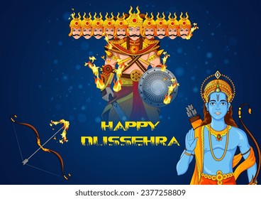 easy to edit vector illustration of Rama killing Ravana on Happy Dussehra background showing festival of India