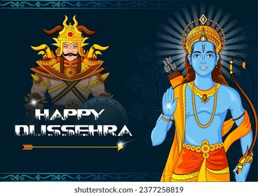 easy to edit vector illustration of Rama killing Ravana on Happy Dussehra background showing festival of India