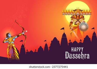 easy to edit vector illustration of Rama killing Ravana on Happy Dussehra background showing festival of India