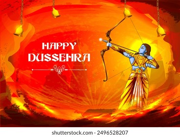 easy to edit vector illustration of Rama killing Ravana wong Happy Dussehra background showing festival of India