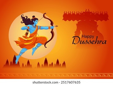 easy to edit vector illustration of Rama killing Ravana wong Happy Dussehra background showing festival of India