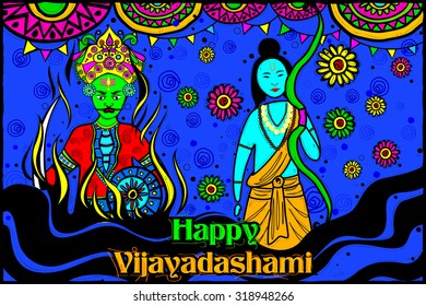 easy to edit vector illustration of Rama killing Ravana for Happy Vijayadashami in Indian art style background