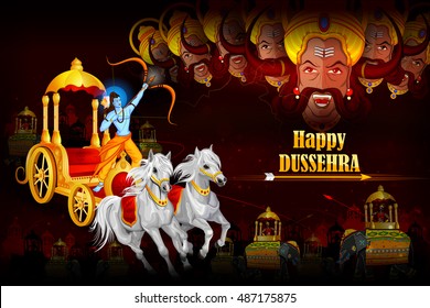 easy to edit vector illustration of Rama killing Ravana in Happy Dussehra background showing festival of India