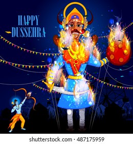 easy to edit vector illustration of Rama killing Ravana in Happy Dussehra background showing festival of India