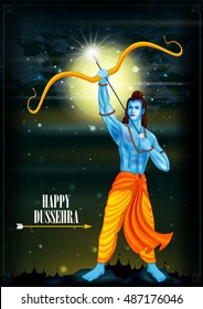 easy to edit vector illustration of Rama killing Ravana in Happy Dussehra background showing festival of India