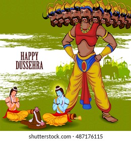 easy to edit vector illustration of Rama and Laxmana praying Shiva for killing Ravana in Happy Dussehra background showing festival of India