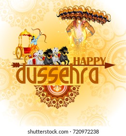 easy to edit vector illustration of Rama killing Ravana in Happy Dussehra background showing festival of India