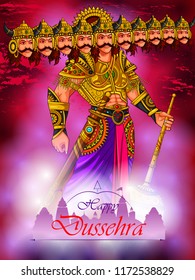 easy to edit vector illustration of Ravana monster in Happy Dussehra background showing festival of India