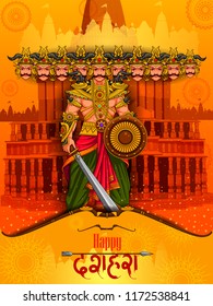 easy to edit vector illustration of Ravana monster with Hindi massage meaning Happy Dussehra background showing festival of India