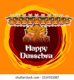 easy to edit vector illustration of Ravana monster with Hindi massage meaning Happy Dussehra background showing festival of India