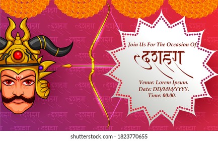 easy to edit vector illustration of Ravana monster with Hindi massage meaning Happy Dussehra background showing festival of India