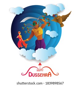 Easy to edit vector illustration of Ravana slaughtering Jatayu the vulture, while an abducted Sita looks away in horror.