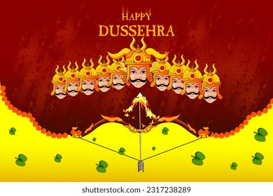 easy to edit vector illustration of Ravana monster on Happy Dussehra background showing festival of India
