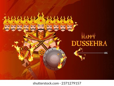 easy to edit vector illustration of Ravana monster on Happy Dussehra background showing festival of India