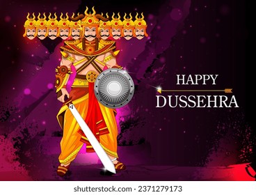 easy to edit vector illustration of Ravana monster on Happy Dussehra background showing festival of India