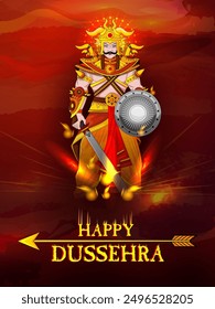 easy to edit vector illustration of Ravana monster on Happy Dussehra background showing festival of India