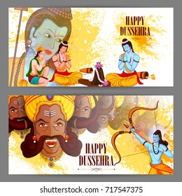 easy to edit vector illustration of Ravana monster in Happy Dussehra background showing festival of India