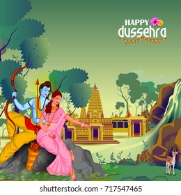 easy to edit vector illustration of Ravana monster in Happy Dussehra background showing festival of India